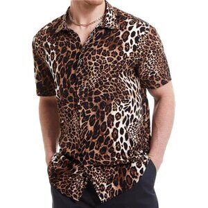 Men's Leopard Printed Disco Shirts Short Sleeve Button Down Casual Shirt